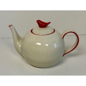 Tag Cream Ceramic Teapot with Red Bird Finial and Trim Farmhouse Style